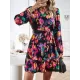 Printed Split-Joint Tied Waist Long Sleeves Loose V-Neck Mini Dresses