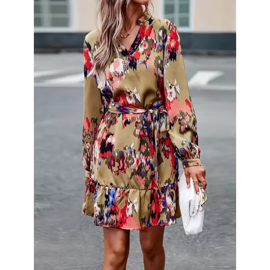 Printed Split-Joint Tied Waist Long Sleeves Loose V-Neck Mini Dresses