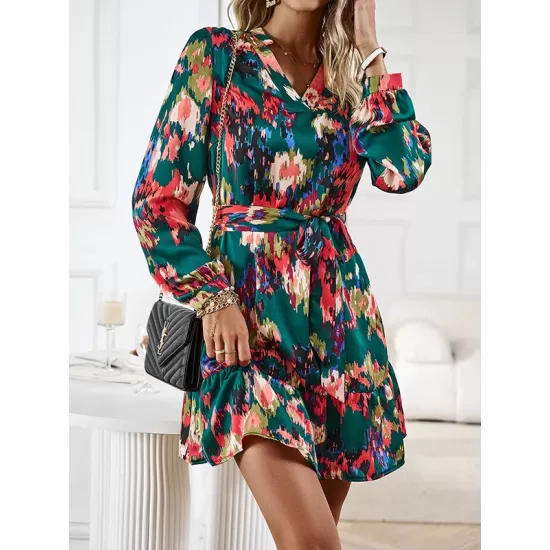 Printed Split-Joint Tied Waist Long Sleeves Loose V-Neck Mini Dresses