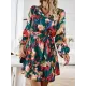 Printed Split-Joint Tied Waist Long Sleeves Loose V-Neck Mini Dresses