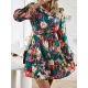 Printed Split-Joint Tied Waist Long Sleeves Loose V-Neck Mini Dresses