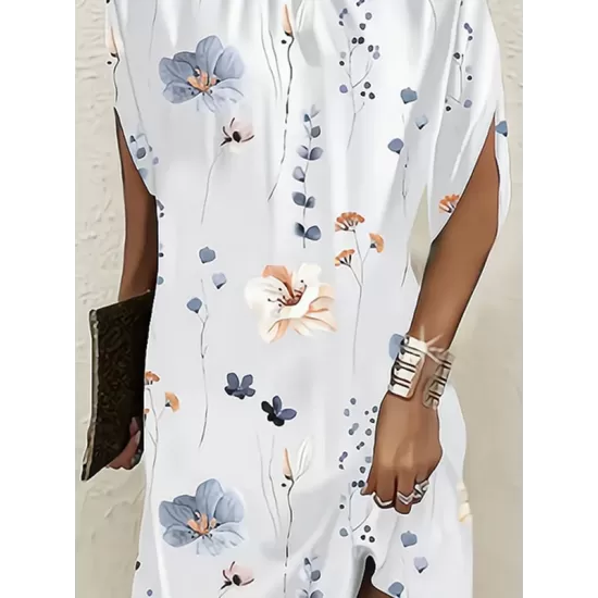 Flower Print Batwing Sleeves Loose Round-Neck Mini Dresses