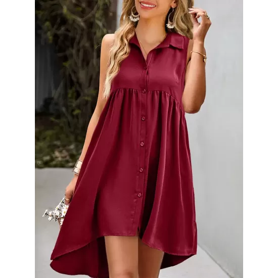 Buttoned Pleated Pockets Solid Color A-Line High Waisted Lapel Mini Dresses