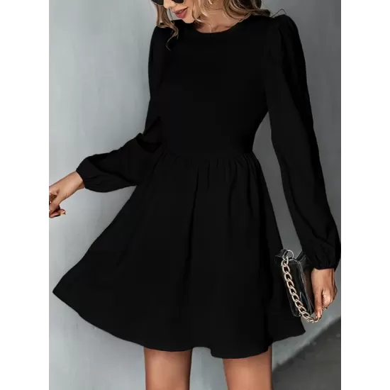 Backless Elasticity Hollow Pleated Solid Color Tied A-Line Bishop Sleeve Round-Neck Mini Dresses