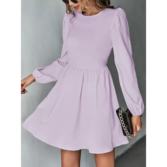 Backless Elasticity Hollow Pleated Solid Color Tied A-Line Bishop Sleeve Round-Neck Mini Dresses