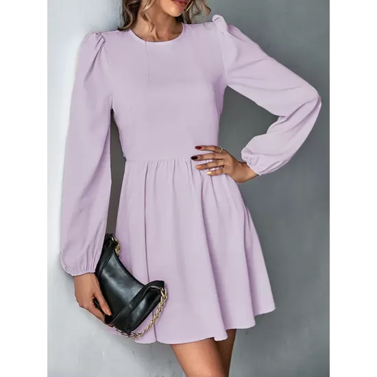 Backless Elasticity Hollow Pleated Solid Color Tied A-Line Bishop Sleeve Round-Neck Mini Dresses