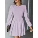 Backless Elasticity Hollow Pleated Solid Color Tied A-Line Bishop Sleeve Round-Neck Mini Dresses