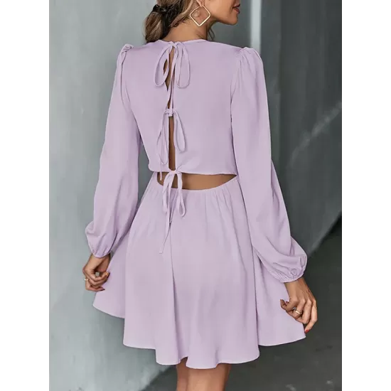 Backless Elasticity Hollow Pleated Solid Color Tied A-Line Bishop Sleeve Round-Neck Mini Dresses