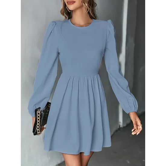 Backless Elasticity Hollow Pleated Solid Color Tied A-Line Bishop Sleeve Round-Neck Mini Dresses