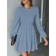 Backless Elasticity Hollow Pleated Solid Color Tied A-Line Bishop Sleeve Round-Neck Mini Dresses