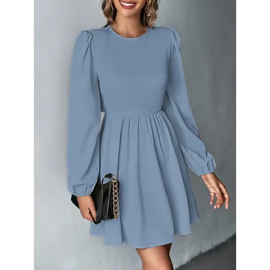 Backless Elasticity Hollow Pleated Solid Color Tied A-Line Bishop Sleeve Round-Neck Mini Dresses