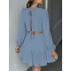 Backless Elasticity Hollow Pleated Solid Color Tied A-Line Bishop Sleeve Round-Neck Mini Dresses