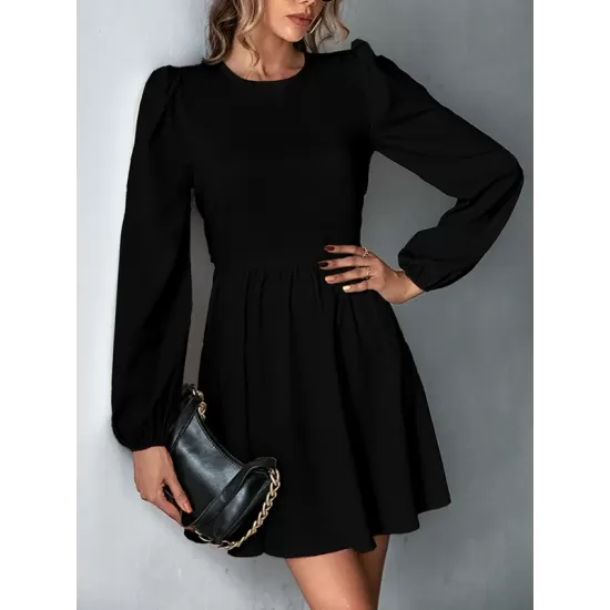 Backless Elasticity Hollow Pleated Solid Color Tied A-Line Bishop Sleeve Round-Neck Mini Dresses