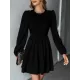 Backless Elasticity Hollow Pleated Solid Color Tied A-Line Bishop Sleeve Round-Neck Mini Dresses