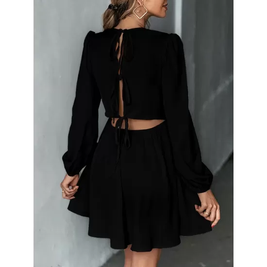 Backless Elasticity Hollow Pleated Solid Color Tied A-Line Bishop Sleeve Round-Neck Mini Dresses