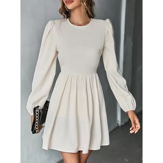 Backless Elasticity Hollow Pleated Solid Color Tied A-Line Bishop Sleeve Round-Neck Mini Dresses