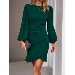 Pleated Solid Color Split-Joint Loose Puff Sleeves Round-Neck Mini Dresses