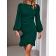 Pleated Solid Color Split-Joint Loose Puff Sleeves Round-Neck Mini Dresses