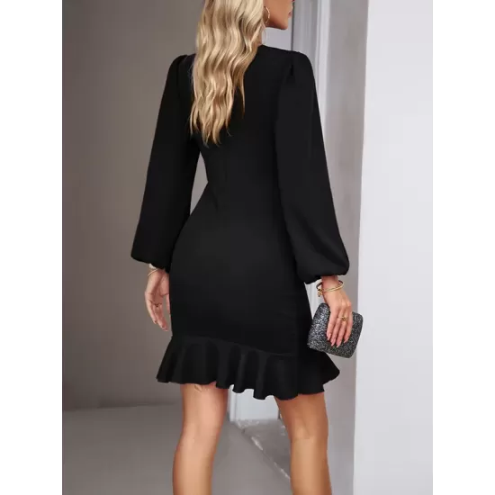 Pleated Solid Color Split-Joint Loose Puff Sleeves Round-Neck Mini Dresses