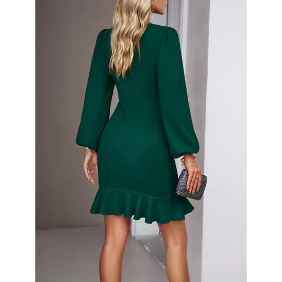 Pleated Solid Color Split-Joint Loose Puff Sleeves Round-Neck Mini Dresses