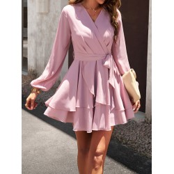 Ruffled Solid Color Tied Waist A-Line High Waisted V-Neck Mini Dresses