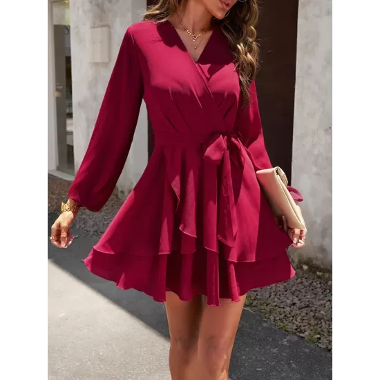 Ruffled Solid Color Tied Waist A-Line High Waisted V-Neck Mini Dresses