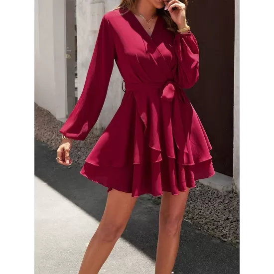 Ruffled Solid Color Tied Waist A-Line High Waisted V-Neck Mini Dresses