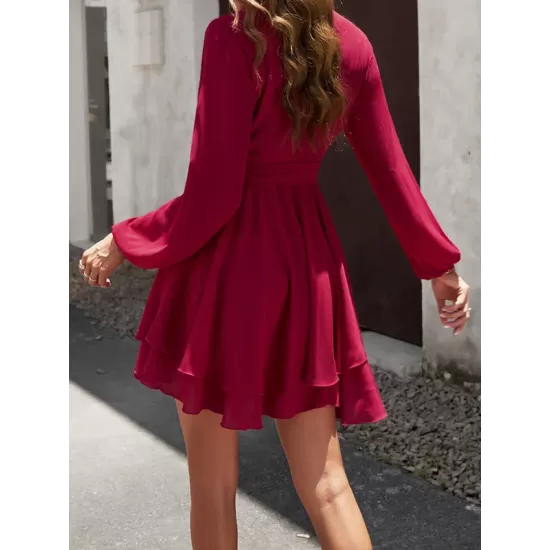 Ruffled Solid Color Tied Waist A-Line High Waisted V-Neck Mini Dresses