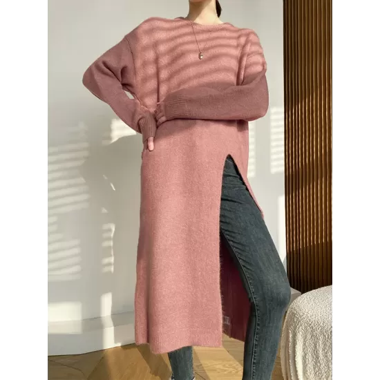 Loose Split-Side Solid Color Round-Neck Knitting Sweater Dresses