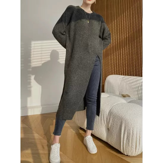 Loose Split-Side Solid Color Round-Neck Knitting Sweater Dresses