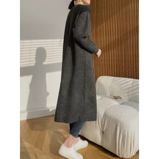 Loose Split-Side Solid Color Round-Neck Knitting Sweater Dresses