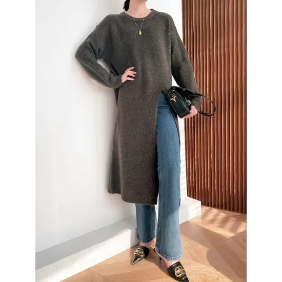 Loose Split-Side Solid Color Round-Neck Knitting Sweater Dresses