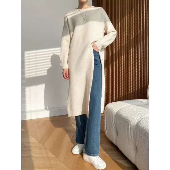 Loose Split-Side Solid Color Round-Neck Knitting Sweater Dresses