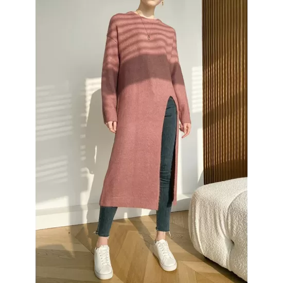 Loose Split-Side Solid Color Round-Neck Knitting Sweater Dresses