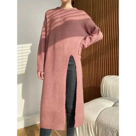 Loose Split-Side Solid Color Round-Neck Knitting Sweater Dresses