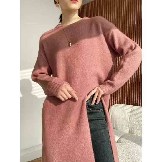 Loose Split-Side Solid Color Round-Neck Knitting Sweater Dresses