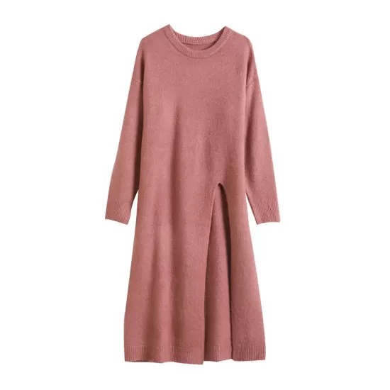 Loose Split-Side Solid Color Round-Neck Knitting Sweater Dresses