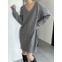 Simple Loose Long Sleeves Solid Color V-Neck Sweater Dresses