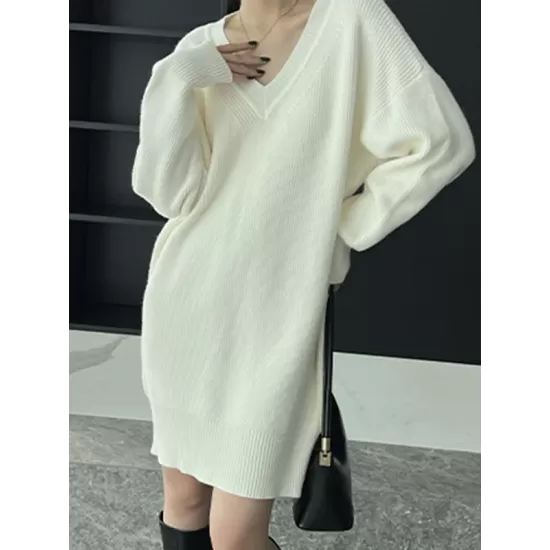 Simple Loose Long Sleeves Solid Color V-Neck Sweater Dresses