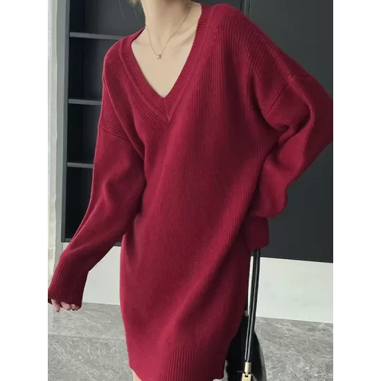 Simple Loose Long Sleeves Solid Color V-Neck Sweater Dresses