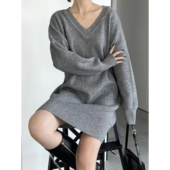 Simple Loose Long Sleeves Solid Color V-Neck Sweater Dresses