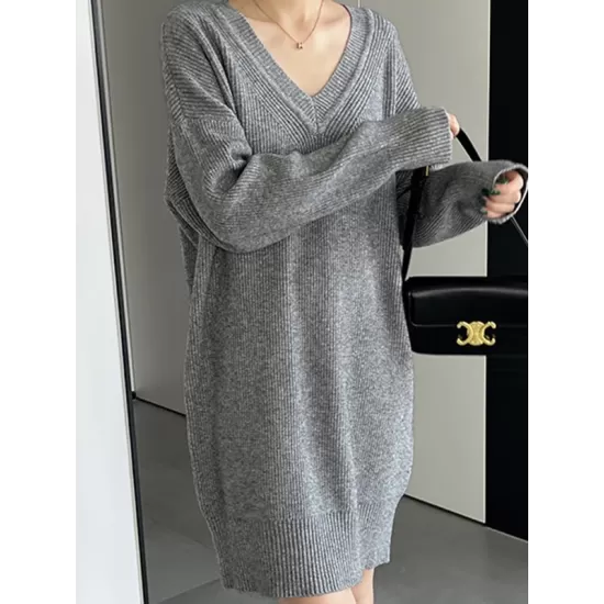 Simple Loose Long Sleeves Solid Color V-Neck Sweater Dresses