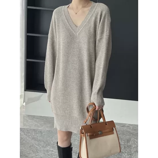 Simple Loose Long Sleeves Solid Color V-Neck Sweater Dresses