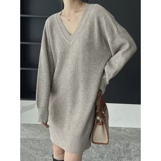 Simple Loose Long Sleeves Solid Color V-Neck Sweater Dresses