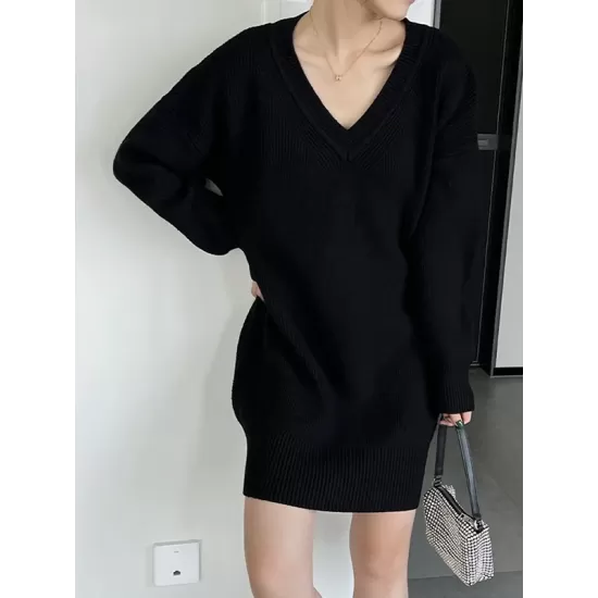 Simple Loose Long Sleeves Solid Color V-Neck Sweater Dresses