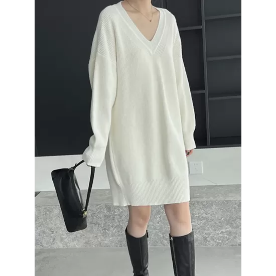 Simple Loose Long Sleeves Solid Color V-Neck Sweater Dresses