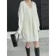 Simple Loose Long Sleeves Solid Color V-Neck Sweater Dresses