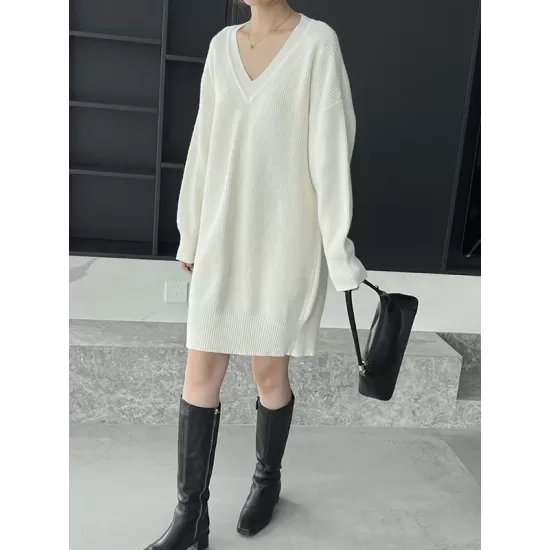 Simple Loose Long Sleeves Solid Color V-Neck Sweater Dresses