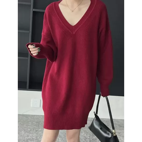 Simple Loose Long Sleeves Solid Color V-Neck Sweater Dresses