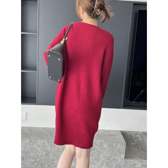 Simple Loose Long Sleeves Solid Color V-Neck Sweater Dresses